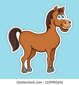Painted cute funny brown smiling horse sticker, design element, print, colorful hand drawing, cartoon character, vector illustration, caricature, isolated with white stroke on colored blue background