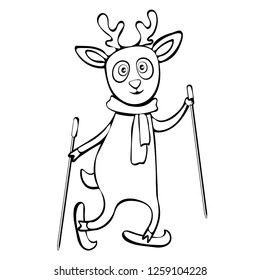 Painted cute funny deer in scarf ride skiing linear hand drawing, cartoon character, vector black and white illustration, coloring, sketch, silhouette, outline picture isolated on white background
