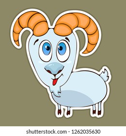 Painted cute funny playful goat shows language, sticker, design element, colorful hand drawing, cartoon character, vector illustration, caricature, isolated with white stroke on colored background