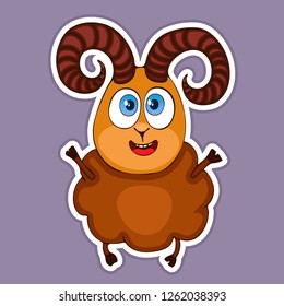 Painted cute funny smiling brown ram sticker, design element, print, colorful hand drawing, cartoon character, vector illustration, caricature, isolated with white stroke on colored violet background