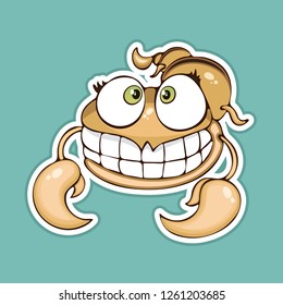Painted cute funny smiling scorpion sticker, design element, print, colorful hand drawing, cartoon character, vector illustration, caricature, isolated with white stroke on colored blue background