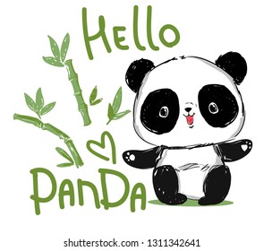 Painted Cute panda and bamboo. Handwritten - Hello Panda. vector illustration.