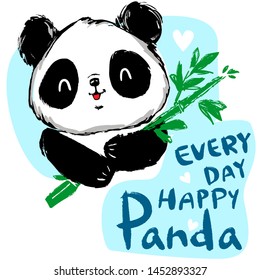Painted Cute panda bear and bamboo. Handwritten - Happy Panda. vector illustration.