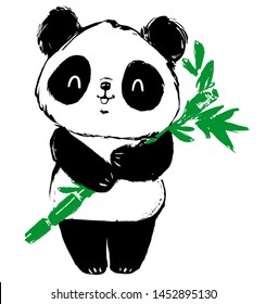 Painted Cute panda bear and bamboo. Vector illustration.