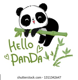 Painted Cute panda bear sitting on the bamboo. Handwritten - Hello Panda. vector illustration.