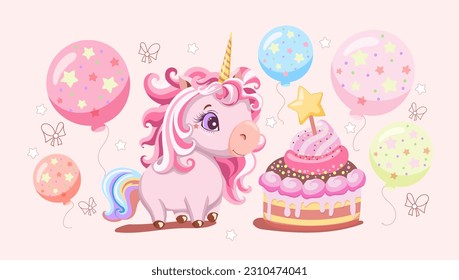 Malerisches, süßes, rosa Baby mit Kuchen, Bögen und Ballons.  Cartoon-Stil. Template-Design für Babydusche, Geburtstag, Party, Grußkarte, Einladung. Vektorgrafik