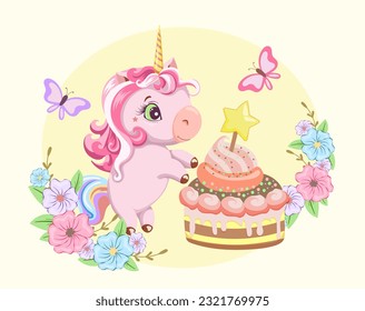 A painted cute pink baby unicorn with a cake, flowers and butterflies.  Drawing in cartoon style. Template design for baby shower, birthday, party, greeting card, invitation. Vector illustration.