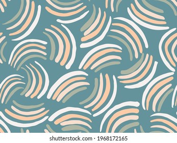 Painted cute rainbows with four lines in peach, green, white over teal background. Simple kids abstract seamless vector pattern. Great for home décor, fabric, wallpaper, gift wrap, stationery, etc.