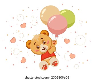 Painted cute teddy bear flying balloons background pink hearts   dots  Isolated decor item for greeting card  mother's d  father's  valentine's  birthday  baby shower  Vector illustration  