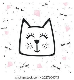 Painted cute vector cat. Creative background for design of cards, covers, textiles, paper, stickers. Children's illustrations for printing.