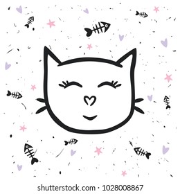 Painted cute vector cat. Creative background for design of cards, covers, textiles, paper, stickers. Children's illustrations for printing.