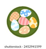 Painted and decorated Easter eggs. Spring holiday decoration on plate, traditional festive dish, top view. Colorful seasonal decor. Flat vector illustration isolated on white background