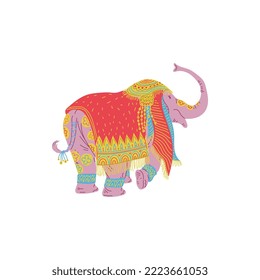 Painted and decorated elephant, Hindu culture concept - flat vector illustration isolated on white background. Elephant animal walking painted in traditional Indian motifs.