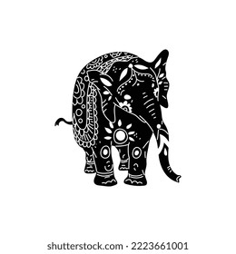 Painted and decorated Indian elephant, black silhouette vector illustration isolated on white background. Traditional Hindu holiday mascot - sacred elephant. Decorated animal icon.