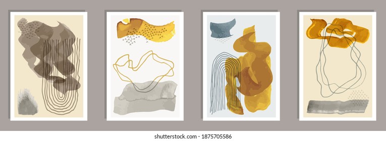 Painted decorative postcards vector collection. Watercolor stains shapes. Japanese style prints. Stylish artistic cover templates. Brush stroke elements.