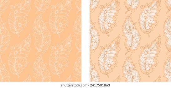 Painted decorative and romantic feathers. Bird. Ink. Clip art. Pattern for fabric. Levitation. Flight. Set of decorative feathers, doodle. Home textiles. Elements for decor.