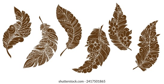 Painted decorative and romantic feathers. Bird. Ink. Clip art. Pattern for fabric. Levitation. Flight. Set of decorative feathers, doodle. Home textiles. Elements for decor.