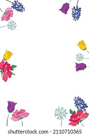 Painted delicate spring flowers, border, for Easter, weddings, Valentines, Mothers Day