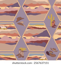 Painted Desert of the American Western Country in Hexagons with Rope Frames creating a seamless pattern print background