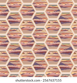 Painted Desert of the American Western Country in Hexagons with Rope Frames creating a seamless pattern print background