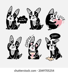 Painted dogs as sticker prints, french bulldog with coffee heart sad, cute dogs for kids stickers, stylish drawing of dogs, bulldog puppy