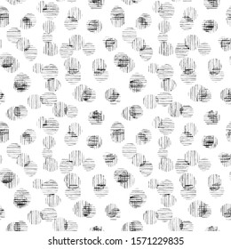 Painted dots pattern. Seamless dotted background. Brush strokes stripes. Sketchy hand drawn graphic print. Grunge vector design. Black and white grungy glitch texture. Distorted illustration