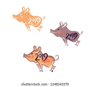 Painted drawn symbols year of the Pig 2019 on the Chinese calendar. Vector template handwritten figures.