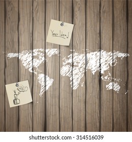 Painted Earth map on old wood board with note paper. Realistic Vector