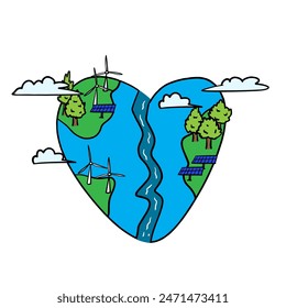 Painted earth in the shape of a heart. white background, Earth day, ecology, nature and environment conservation concept. Save green planet concept,  Line art illustration.