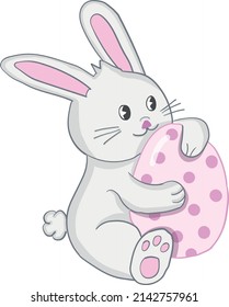 A painted Easter Bunny sits and hugs an Easter egg.