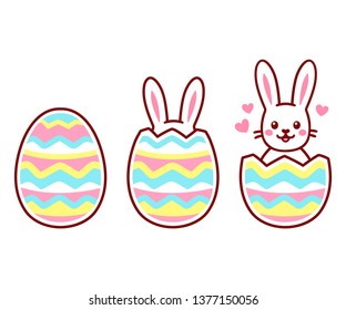 Painted Easter egg with rabbit ears showing form crack and Easter Bunny hatching from egg. Cute cartoon vector illustration set.