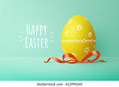 Painted easter egg with red bow on green background. Greeting card with text. Vector illustration.