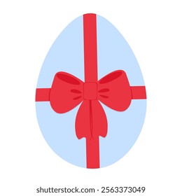 Painted Easter Egg with red ribbon bow in trendy soft blue. Easter greeting design element concept 