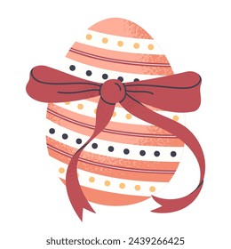 Painted Easter egg with ribbon. Spring Easter holiday chocolate egg with bow, traditional easter treat flat vector illustration. Cute decorative egg on white