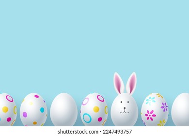 Painted Easter eggs with bunny face and ears. White egg border on turquoise background. Vector.