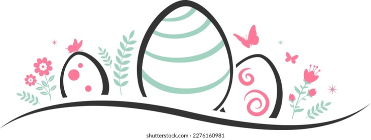 Painted easter eggs with butterflies and spring flowers. Line Art vector design banner