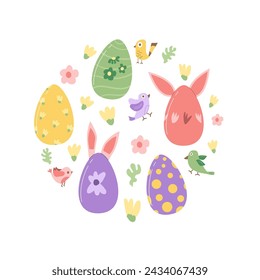 Painted Easter eggs circle composition isolated on white background. Bunny ears with holiday elements round emblem. Vector flat illustration.