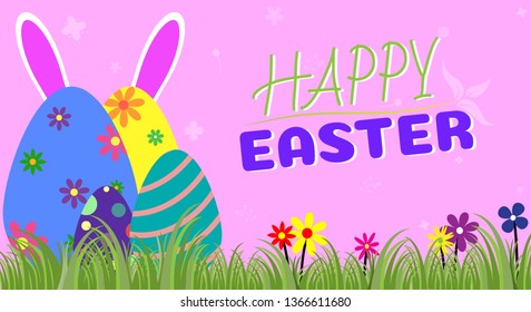 Painted easter eggs colorful with nature on  pink background.Happy easter day.
