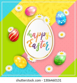 Painted Easter eggs with flowers and lettering Happy Easter on colorful background, illustration.