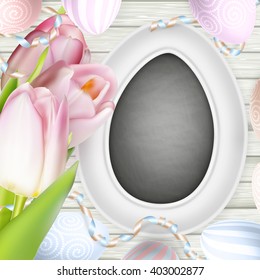 Painted Easter eggs, flowers and other decorations for Easter holiday. EPS 10 vector file included