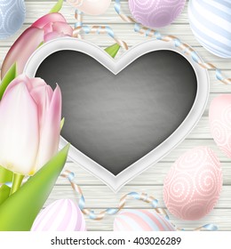 Painted Easter eggs, flowers and other decorations for Easter holiday. EPS 10 vector file included