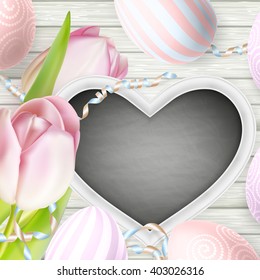 Painted Easter eggs, flowers and other decorations for Easter holiday. EPS 10 vector file included