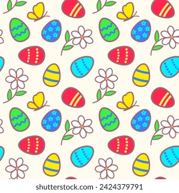 Painted Easter eggs and flowers seamless vector pattern, holiday decoration, wallpaper, wrapping, textile print, decorative colorful background.
