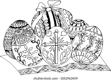 Painted Easter eggs.  Freehand sketch drawing for adult antistress coloring book