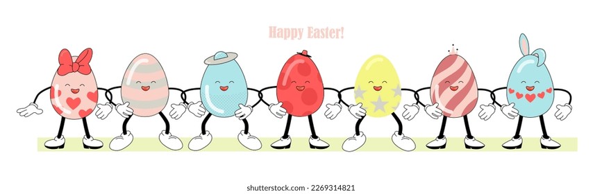 Painted Easter eggs - funny characters, retro atmosphere. Happy Easter lettering. Bright vector illustration

