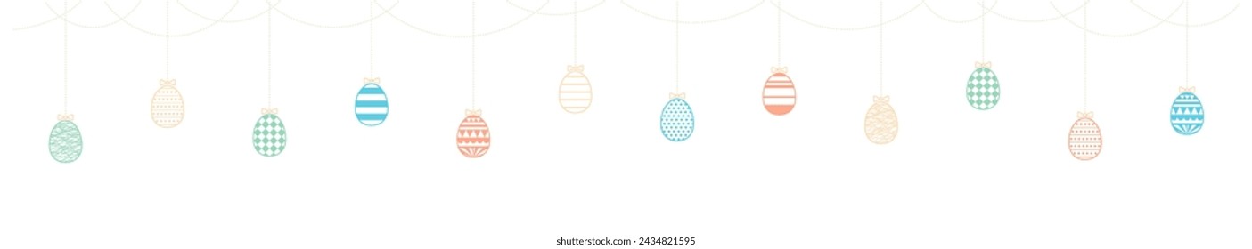 Guirnalda de huevos de Pascua pintada, guirnalda, borde horizontal dibujado a mano ilustración. Diseño de estilo de arte de línea, vector aislado. Clip art de vacaciones de Pascua, tarjeta de temporada, banner, póster, elemento, decoración