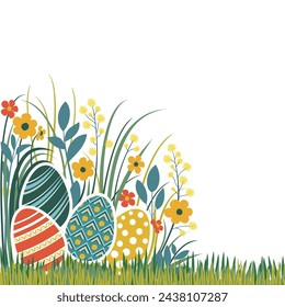 painted Easter eggs in the grass and wildflowers, isolated on a white background