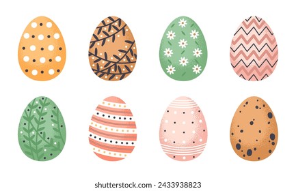 Painted Easter eggs. Hand drawn spring Easter decorations, cute chocolate eggs flat vector illustration set. Traditional holidays decorative eggs on white