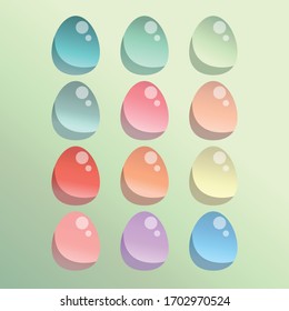 Painted Easter eggs icons set. Clip art vector illustrations. Jewel luxury style shiny colors green blue red orange pink purple yellow. 