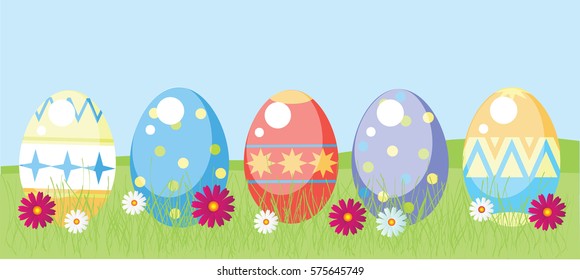 painted Easter eggs on the grass with flowers vector image